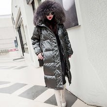 Load image into Gallery viewer, Fur Hooded Long Winter Down Jackets Women Solid Reflective Plus Size Parkas Streetwears Female Thicken Warm Duck Down Coats New