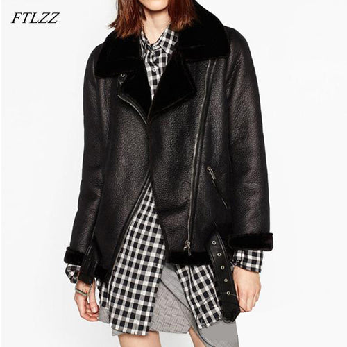 FTLZZ 2019 New Winter Women Sheepskin Coats Thicken Faux Leather Fur Female Coat Fur Lining Leather Jacket Aviator Jacket